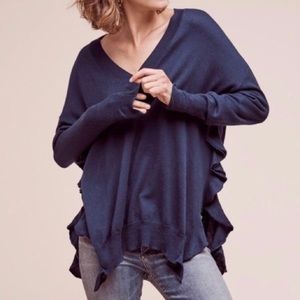 Anthro Moth blue cotton wool v-neck ruffle sweater M